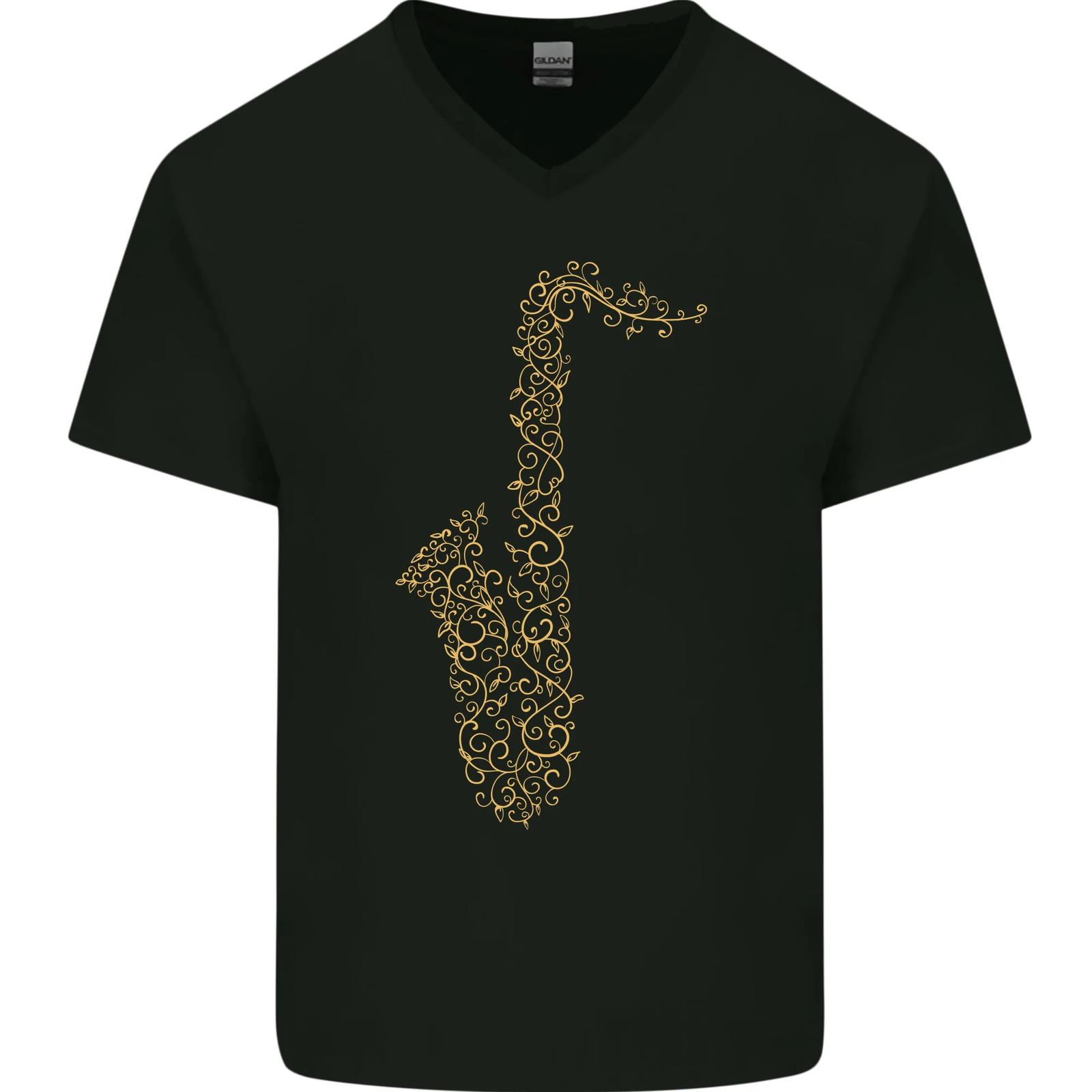 A Saxophone Musical Instruments Brass Band Mens VNeck Cotton T-shirt XXXXL