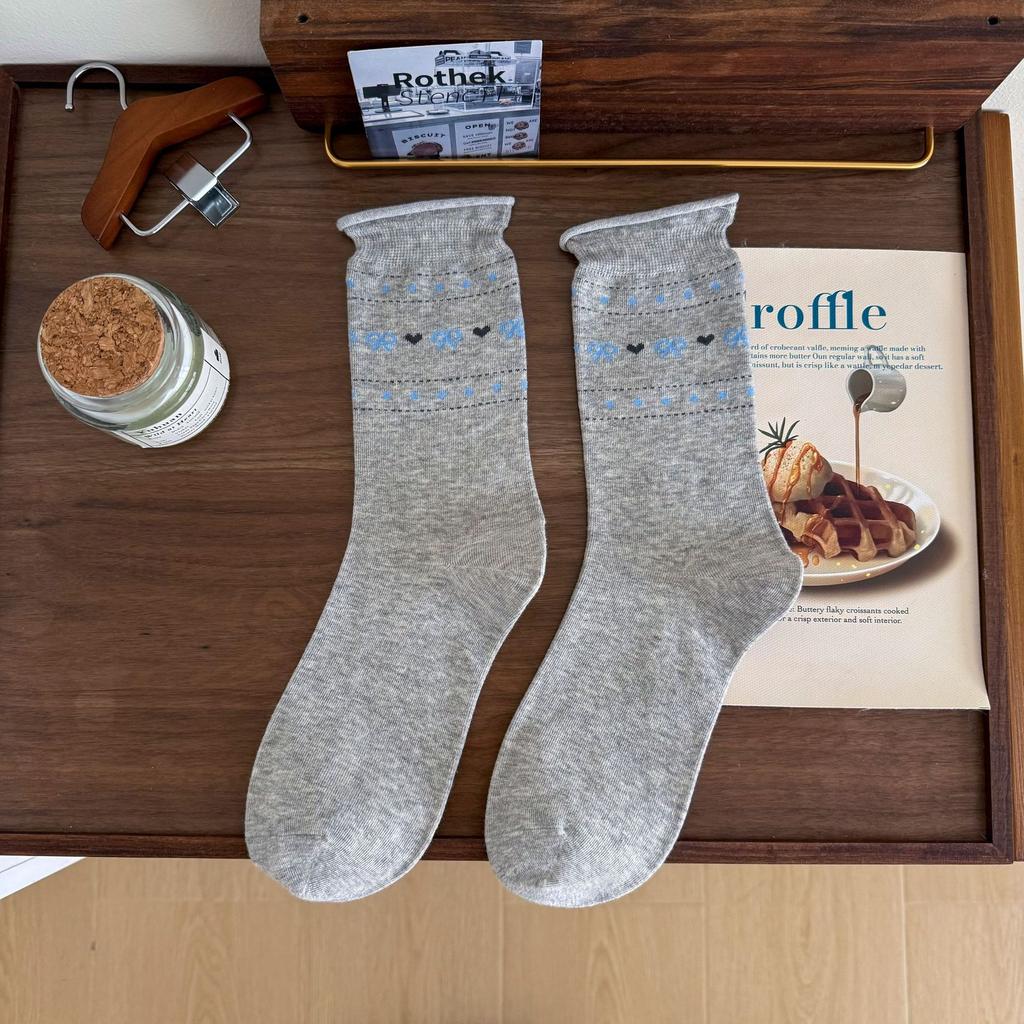 White Mid-Leg Socks, Style Bow Love Rolled Hemmed Cotton Socks, Korean Collegiate Style