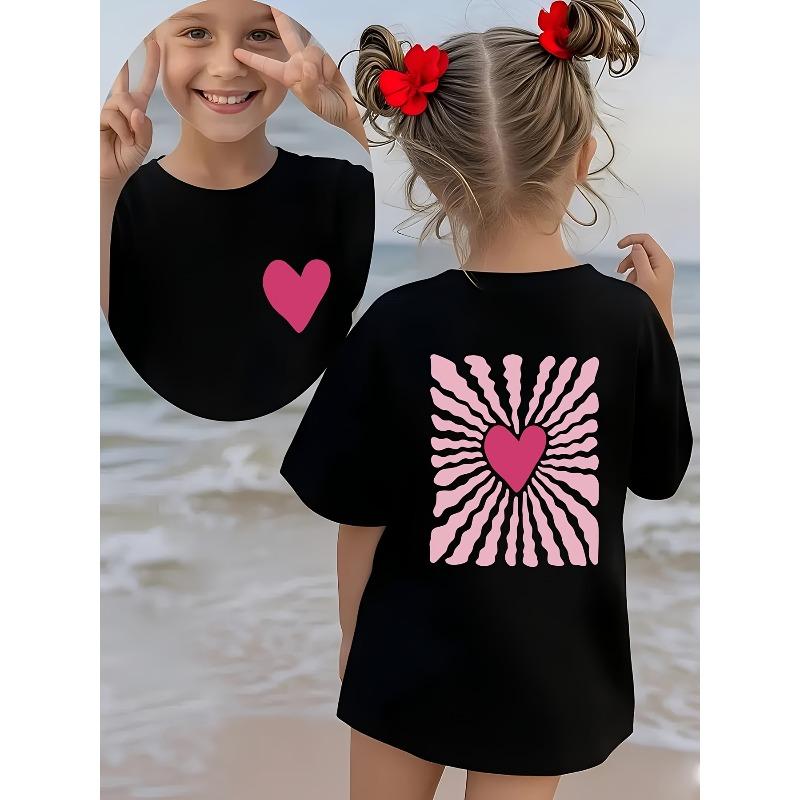 European sizes Summer Fashion Girls' Short-Sleeve T-Shirt with Heart Cartoon Pattern Double-Sided Print, Casual and Versatile Top
