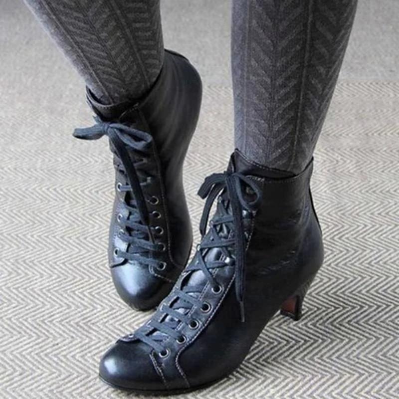 Fashion New Fashion Women Low Kitten Heel Ankle Boots Victorian Round Toe PU Leather Shoes Steampunk Lace Up Retro Jeans Boots