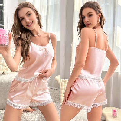 2 Stuks/Set Dames Vest Shorts Pak V-hals Mouwloos Kant Achterkant Top Hoge Taille Korte Broek Homewear Loungewear Outfit Zomer Nachtkleding