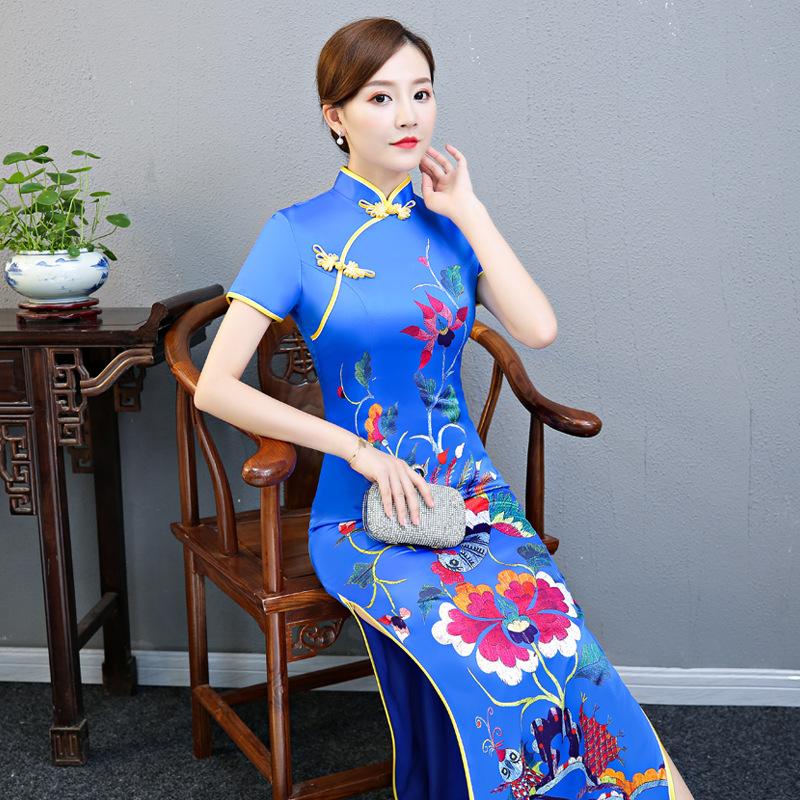 Long cheongsam women's autumn new enlarged and fattened slim dress banquet performance dress Hanfu large size