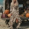 Women's V Neck Long Sleeve Floral Print Ruffle Asymmetrical Maxi Dress Vintage Retro Flowy Long Dress