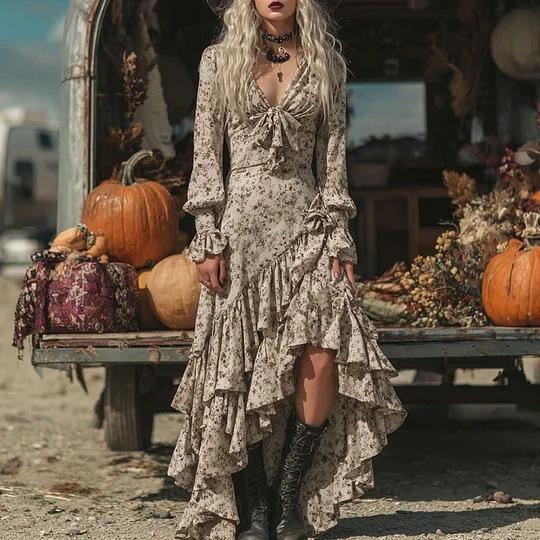 Women's V Neck Long Sleeve Floral Print Ruffle Asymmetrical Maxi Dress Vintage Retro Flowy Long Dress