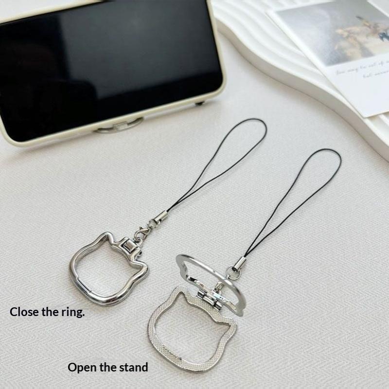 Cute Cat Shaped Alloy Phone Lanyard With 2 In 1 Finger Ring And Foldable Stand Perfect For Watching Videos Daily Use Travel