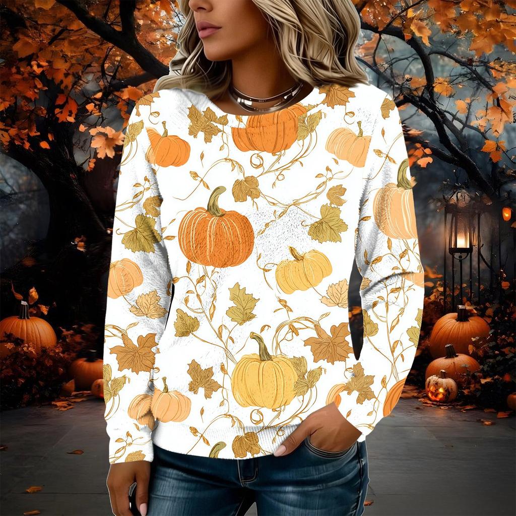 Women's Flannel Long Sleeve Top with Halloween Print Neck Pullover Shirt