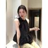 Kumikumi Sweet and Spicy Style Hanging Neck Sleeveless Black Vest Women clothes Summer Temperament Patchwork Frill All-Match Top