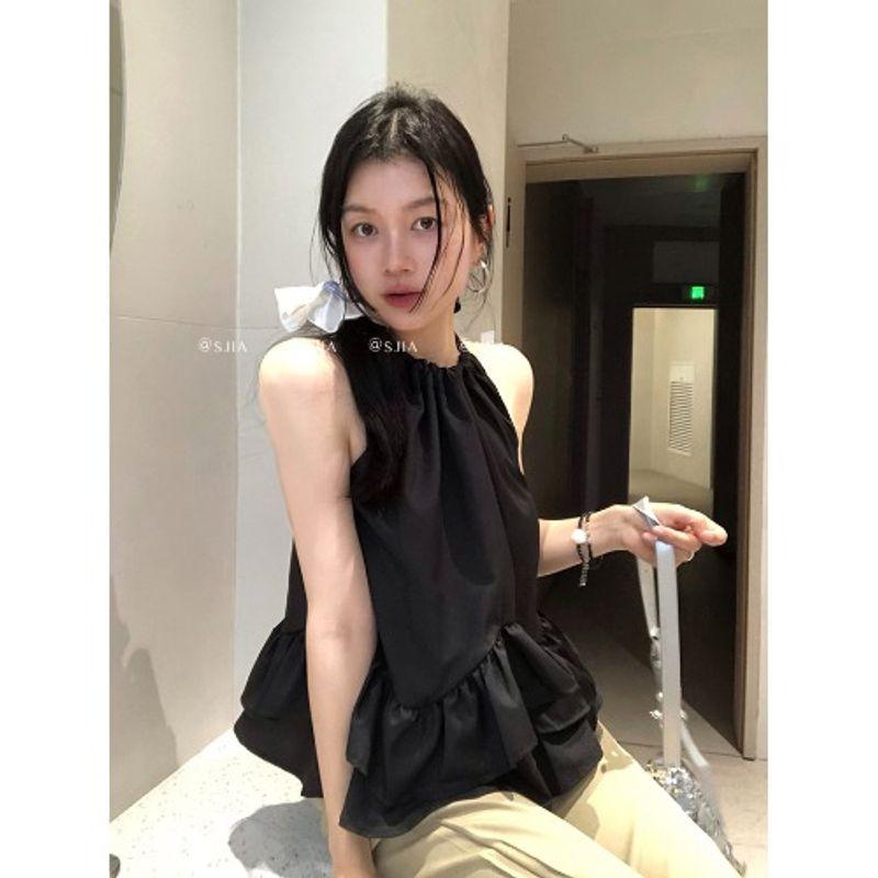 Kumikumi Sweet and Spicy Style Hanging Neck Sleeveless Black Vest Women clothes Summer Temperament Patchwork Frill All-Match Top
