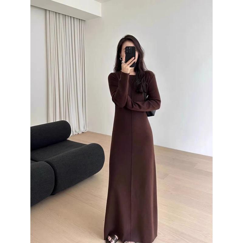

Легкое и спелое кофейного цвета вязаное платье с круглым вырезом, женский новый осенний дизайн, нишевая юбка XL