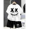 Boys' Simple and Cool XX Happy Face Print Set for Summer -Short Sleeve T-Shirt  Shorts 2-piece Set for Casual and Versatile Wear
