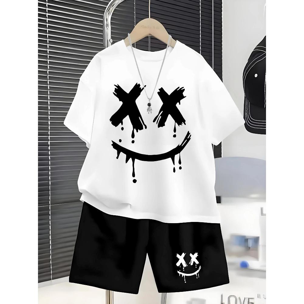 Boys' Simple and Cool XX Happy Face Print Set for Summer -Short Sleeve T-Shirt Shorts 2-piece Set for Casual and Versatile Wear
