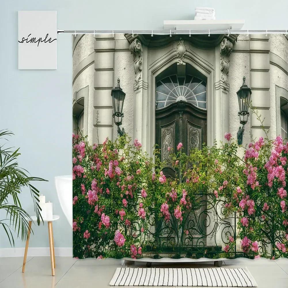 Greece Street View Shower Curtain Village Town Old Stone Brick Wall Green Plant Flowers Scenery Bathroom Decor Waterproof Screen
