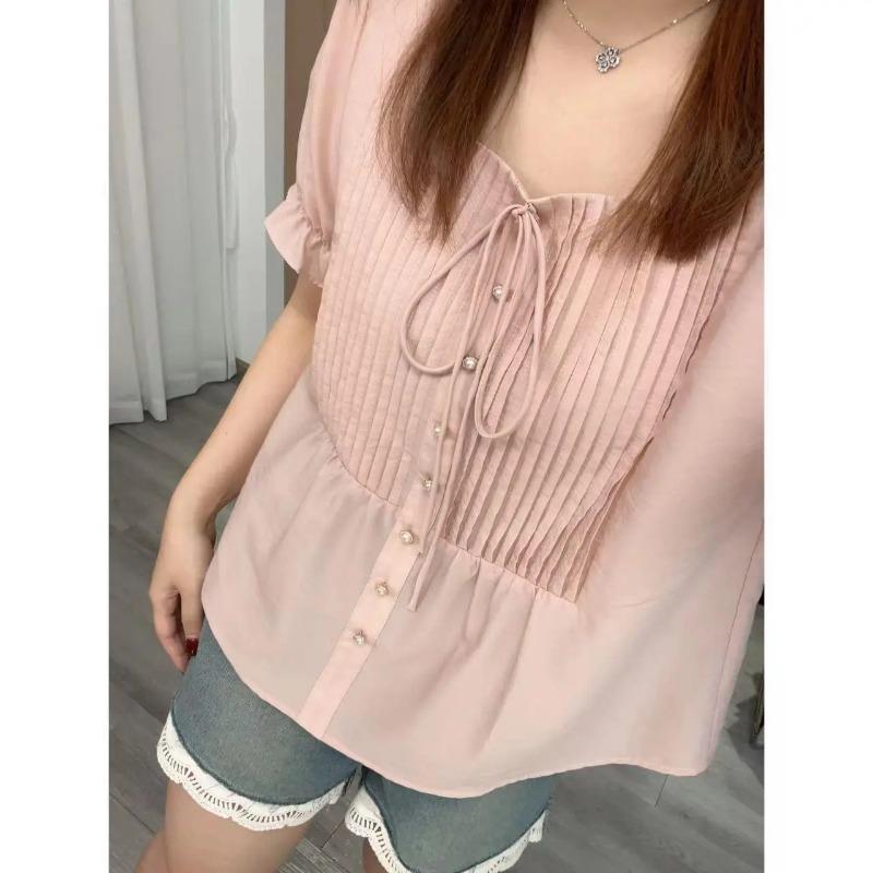 Fashion Women's Caramel Ruffle Blouse Short Sleeve Tie Neck Pleated Casual Babydoll Top