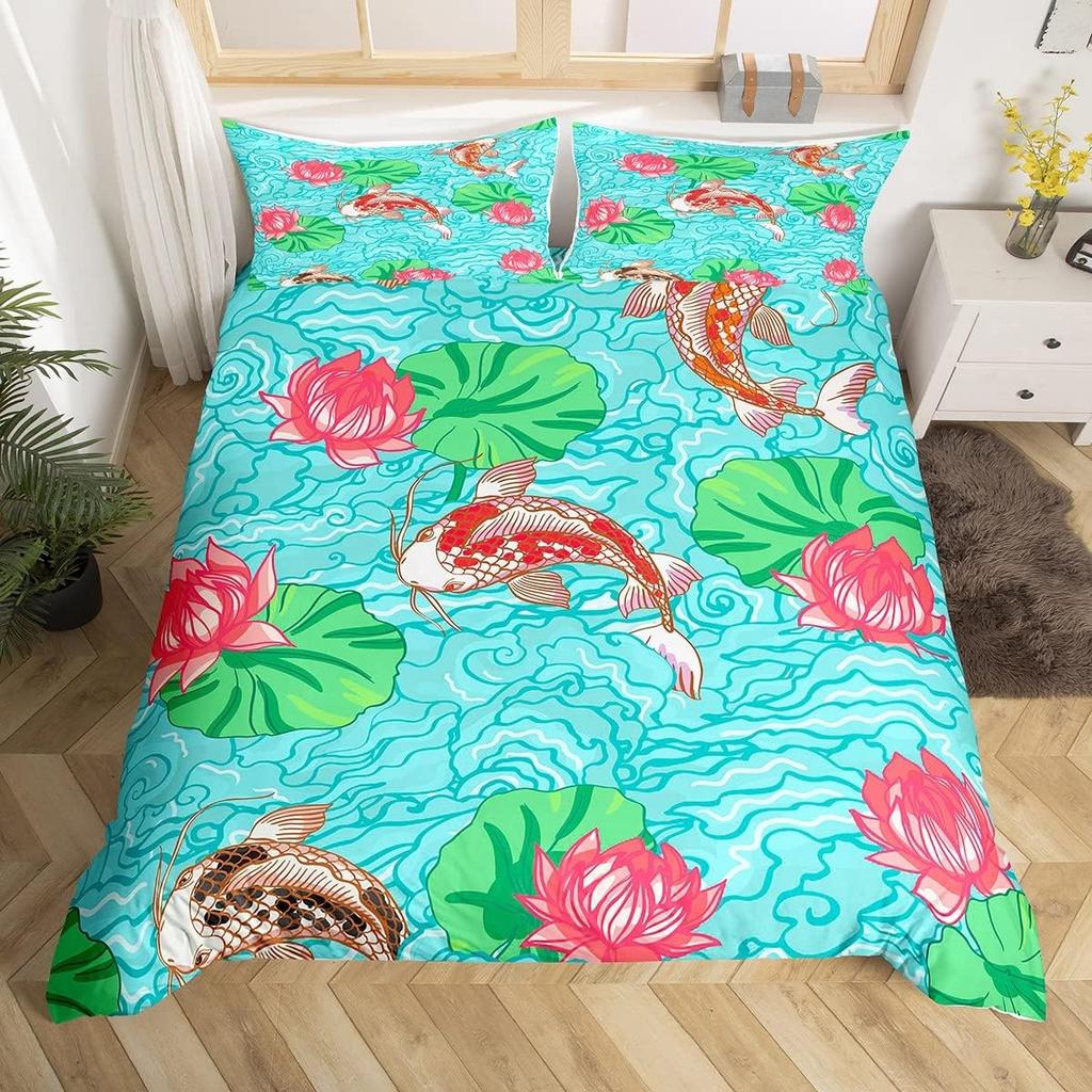 Comforter Koi Fish Full Queen Japanese Cherry Blossom Tree Bedding Set Marine Sealife Comforter For Kids Teen Room Decor
