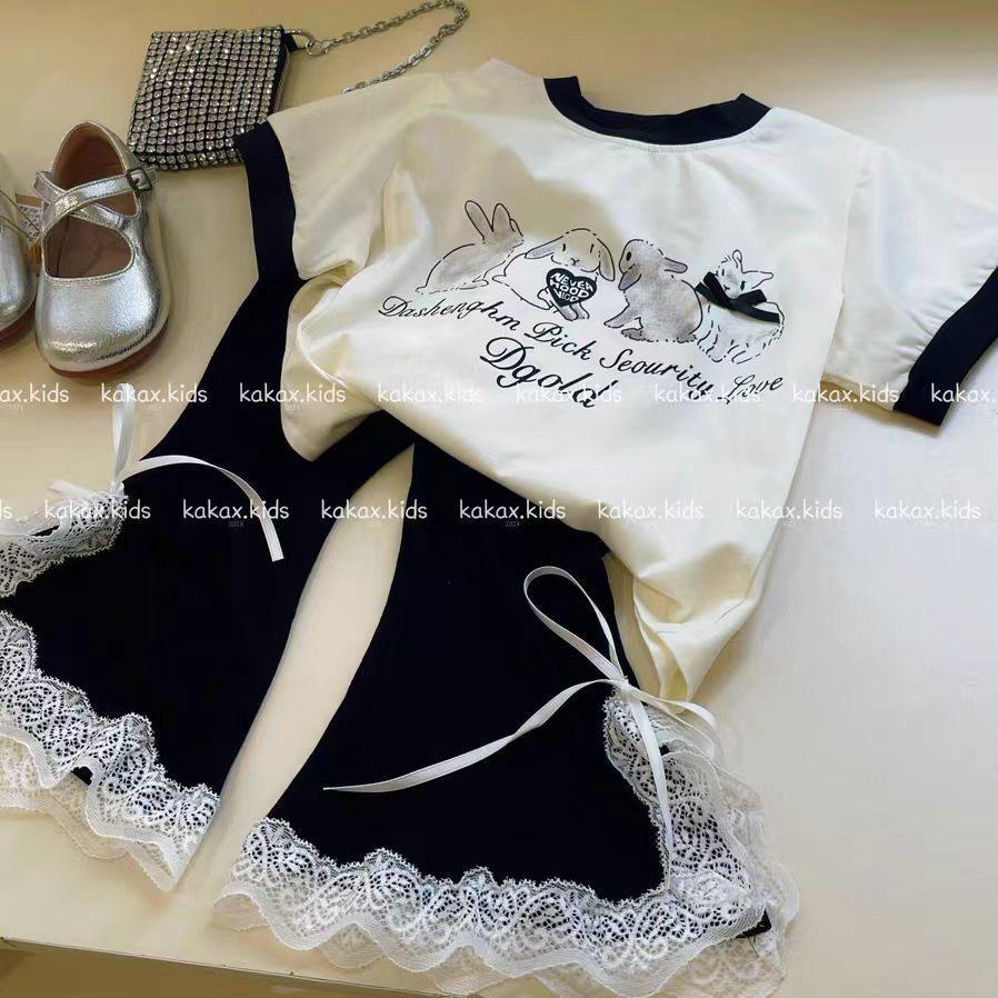 

Girls Korean Style Rabbit Heart Print Lace Set – Cute Summer Casual Outfit 140cm