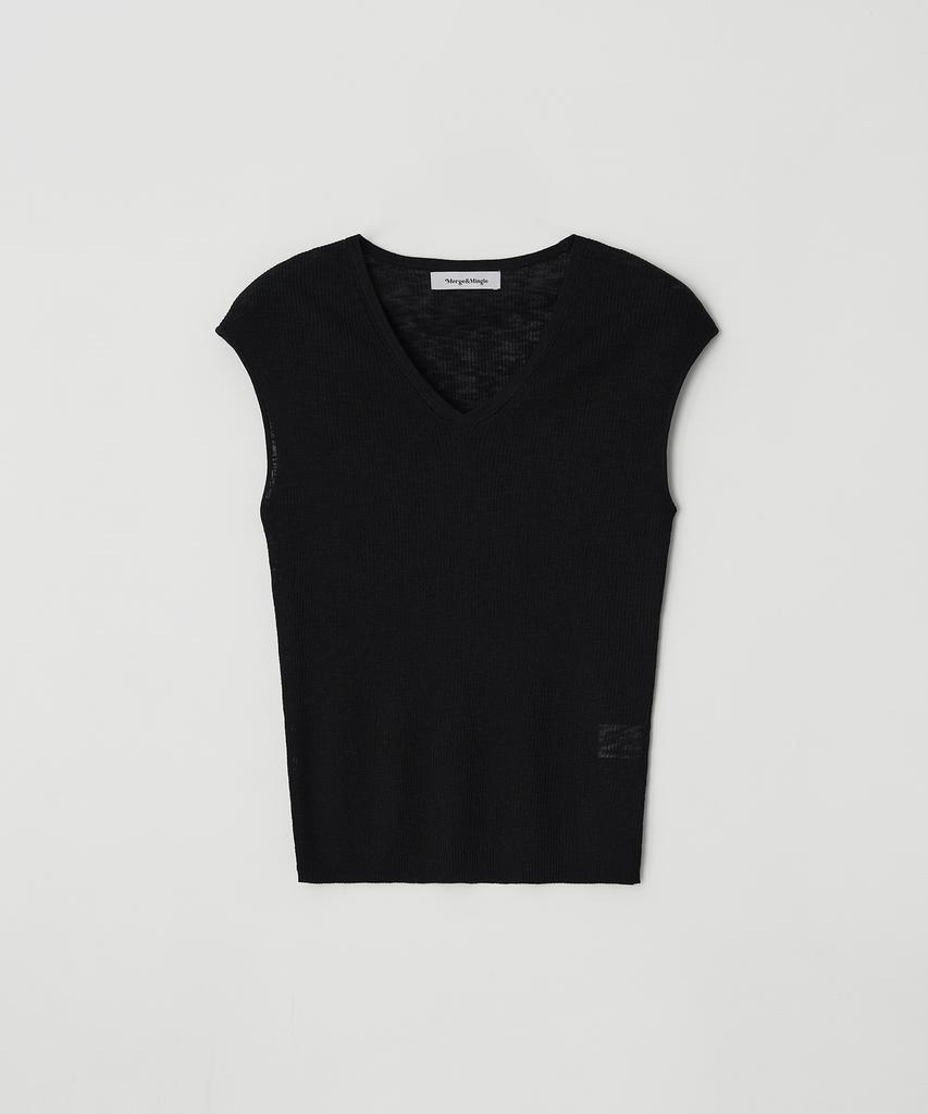 Meojiaenminggeul Rosé Soft Sheer Rib Short Sleeve V-Neck Knit Top (Black)