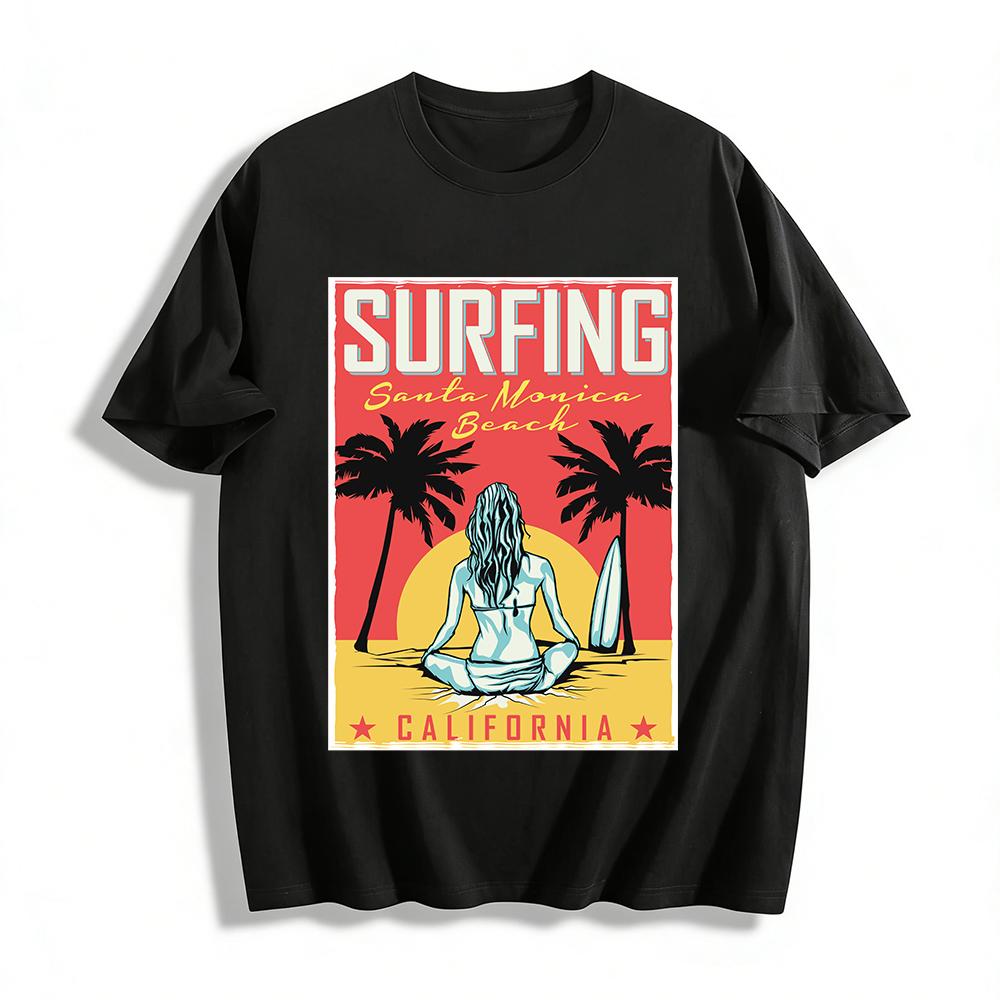 Surfing Santa Monica Beach California Graphic Casual T-Shirt Pure cotton T-shirt XXS