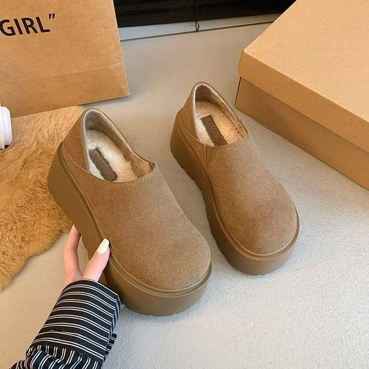 British retro muffin loafers 2024 autumn and winter new fashion lazy one-pedal thick-soled heightening cotton shoes women