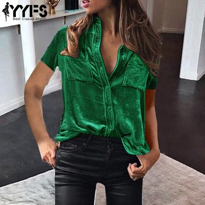 Women's Fashion Casual Summer Spring Solid Color Print Short Sleeve POLO Neck Blouses & Shirts