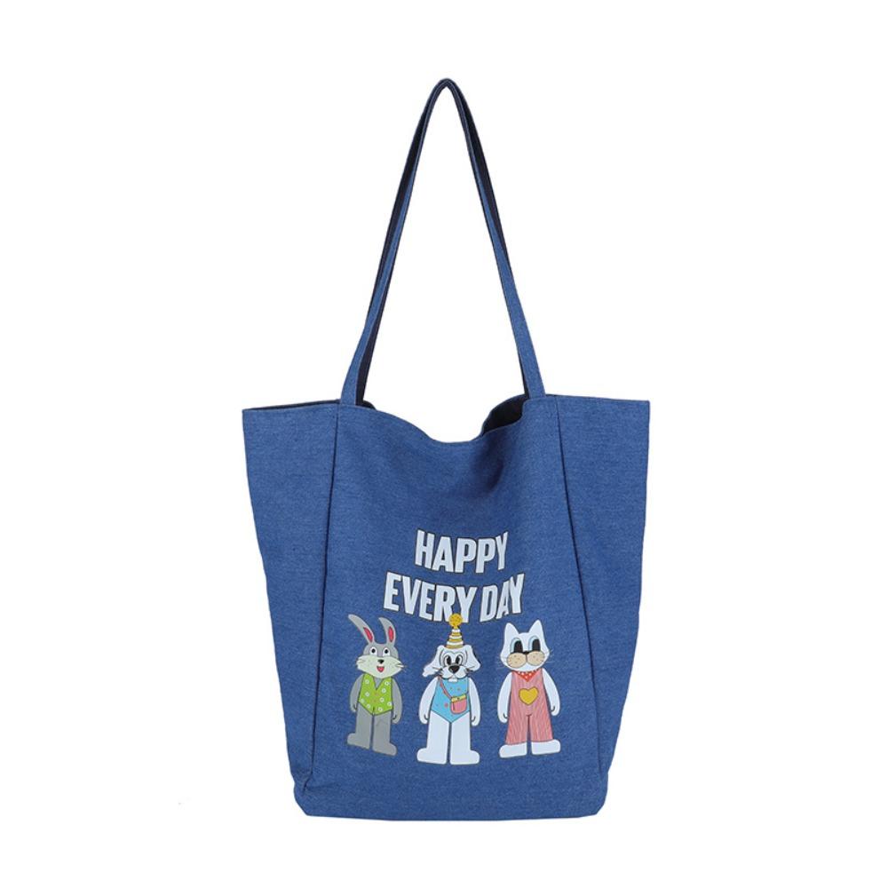 Cartoon Animal Denim Blue Handbag Large Capacity Women Canvas Bag Cute Double-sided Tote Bag  Daily