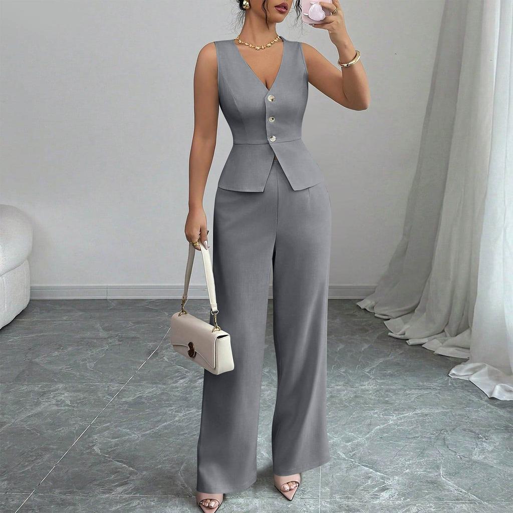 Women's 2-Piece Fashion Casual Sleeveless Tailored Vest + V-Neck Loose Top + High-Waisted Wide-Leg Pants Loungewear Set