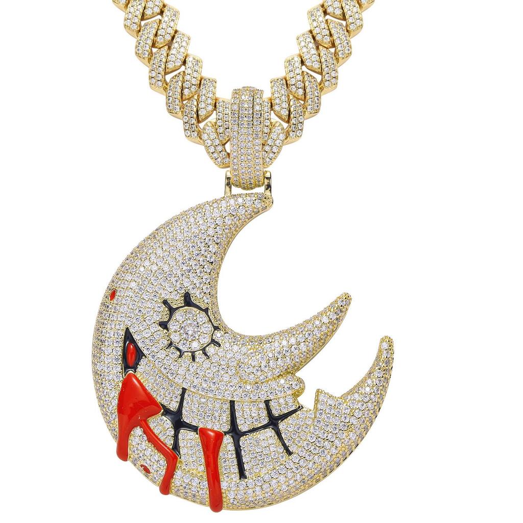 European & American Moon Pendant: Gold-Plated, Zirconia, Exaggerated Cuban Chain