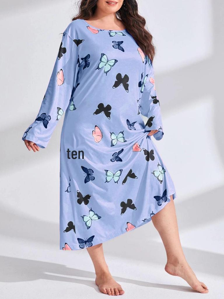2025 European Plus Size Long Sleeve Butterfly Heart Leopard Print Nightgown