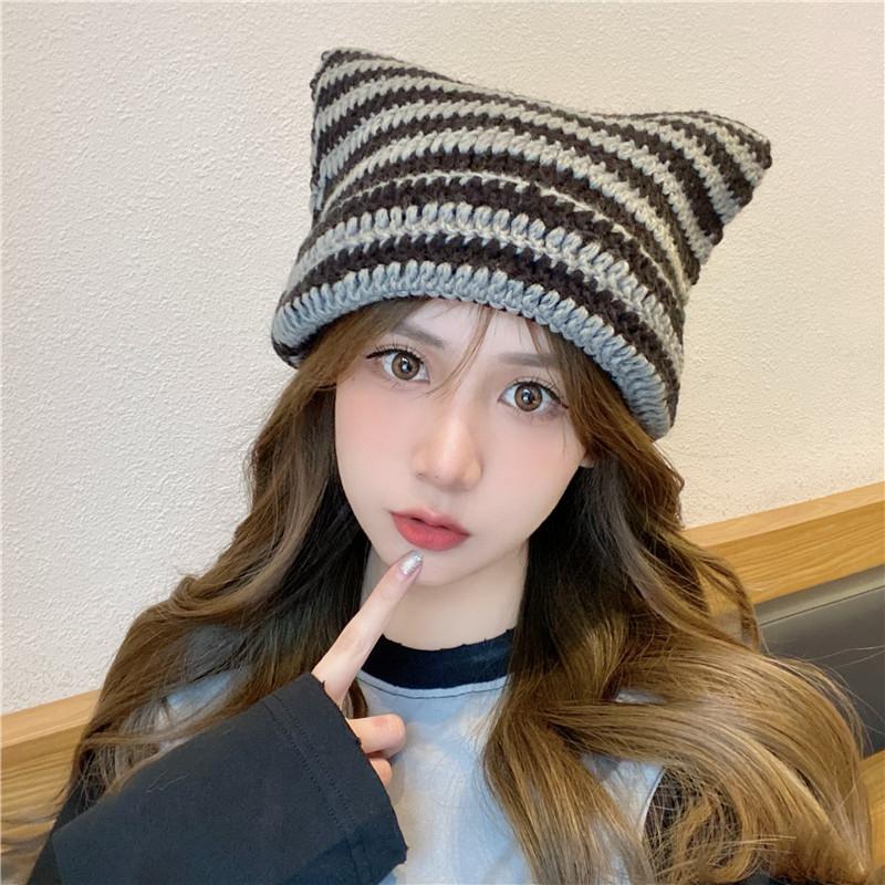 Little Devil Striped Knitted Wool Hat Female Cute Cat Ears Pointed Hat Pullover Ear Cap