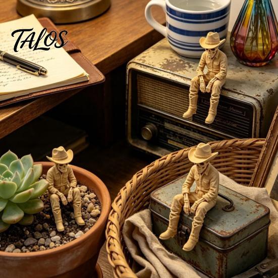 Window Edge Decoration 3D Printed Western Cowboy Skeleton Figurine, Sitting Statue Rustic Desk Decor Sitter, West Style Desktop Shelf for Home Office