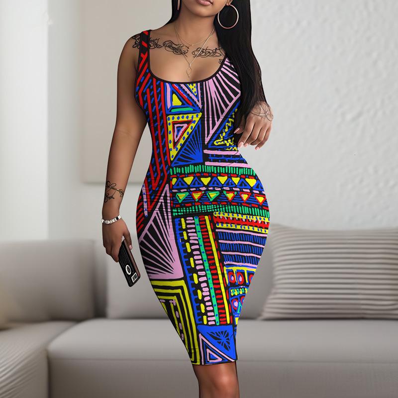 Neuer Retro-Casual-D-Digitaldruck Rundhals Ärmellos Hüftrock WQ