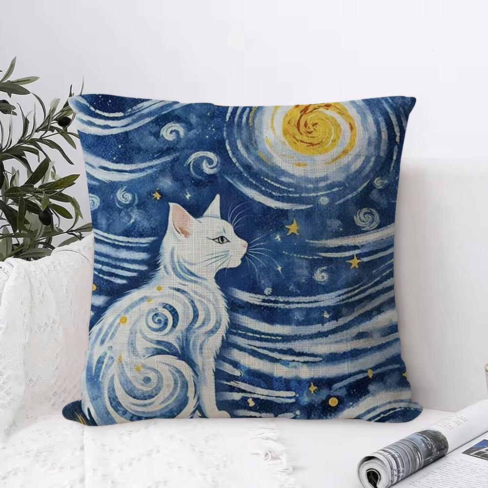 Van Gogh Starry Sky Cat Cushion Cover Eco Linen Pillow Case DoubleSided Print Breathable Durable Zipper Home Decor Gift