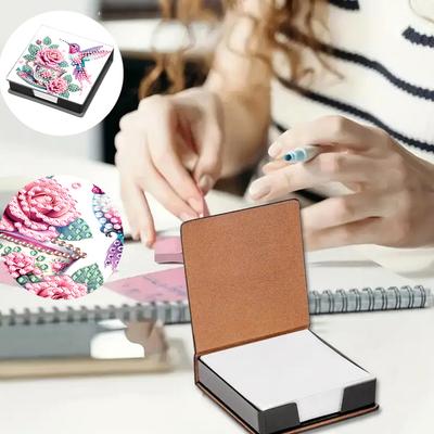 DIY Rhinestones PU Diamond Painting Notecard Box with 160 Sheets Paper Gem Art Sticky Note Holder for Desktop Decoration