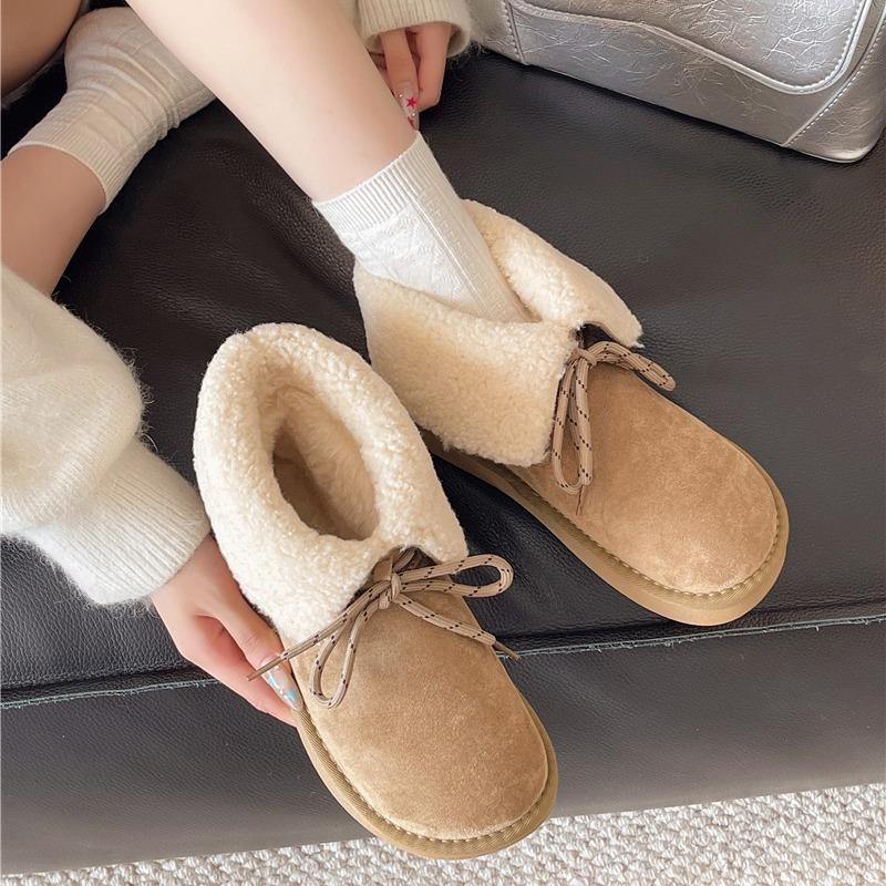 Flip Plush Flat Snow Boots Winter New Round Toe Socket Bow Warm Non-Slip Cotton Boots