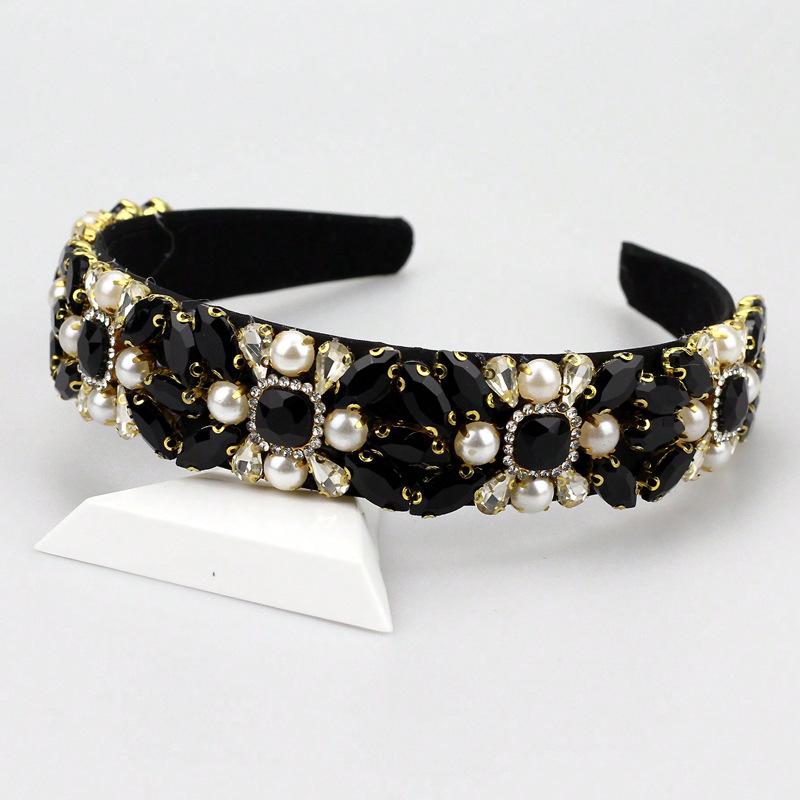 

2026 Korean Version of Diamond-encrusted Pearl Headband European and American Baroque Headband Wide-edged Rhinestone Temperament Hair Accessories чёрный