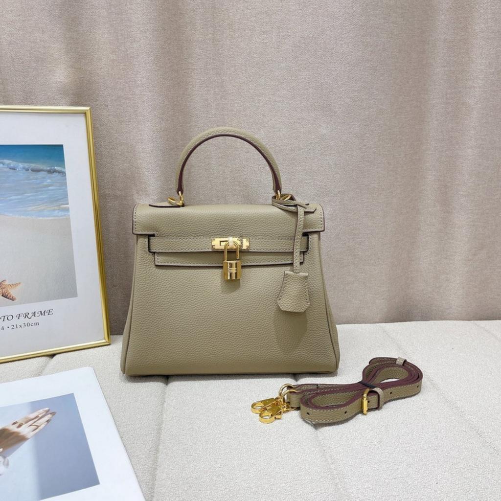 2026 new first-layer cowhide soft leather fine lychee pattern leather inner seam Kelly bag genuine leather women's bag portable messenger bag