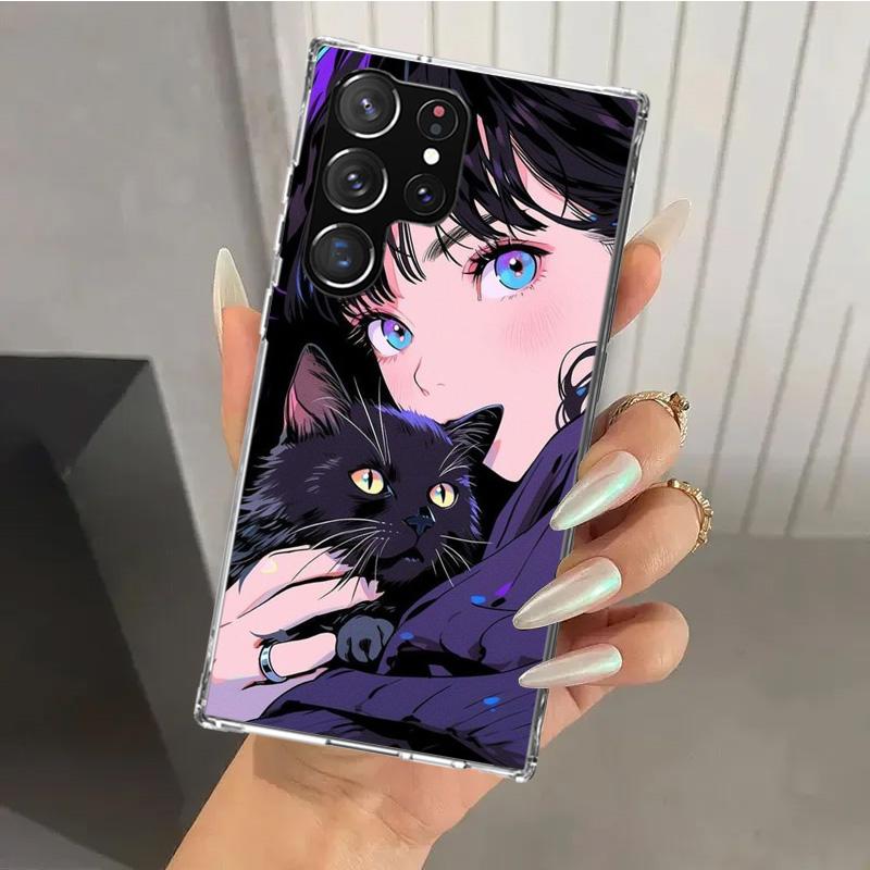 Anime Girls Cute Black Cat Phone Case for Samsung Galaxy S26 S24 S23 Ultra S25 Edge S22 S21 Plus S20 FE + Soft Print Shell Funda