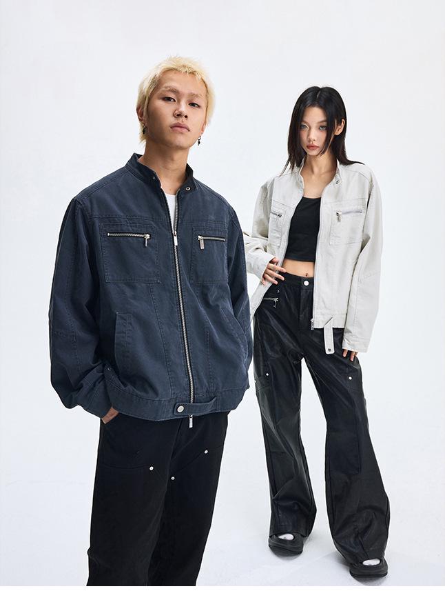 

Unisex Retro American Harrington Denim Jacket - Stand Collar Casual Outerwear M темно-синього кольору