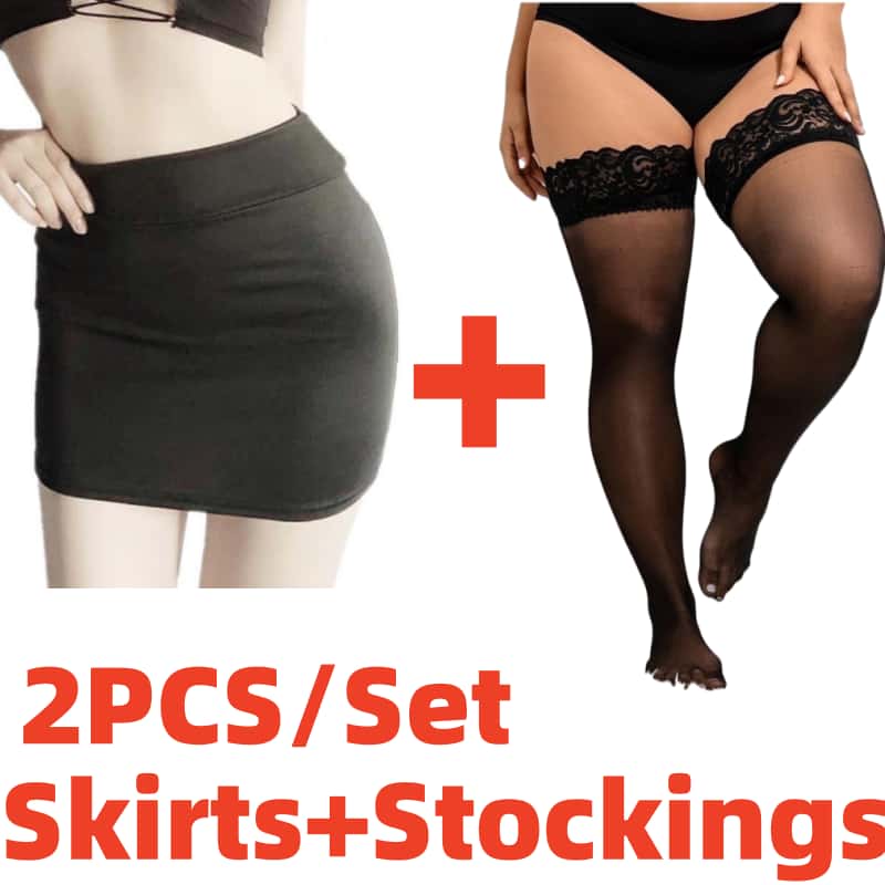 2PCS/SET Women High Waist Pencil Mini Skirts+Stockings Dress Set,Sexy Casual Wrap Hips Black Short Skirt and Pantyhose