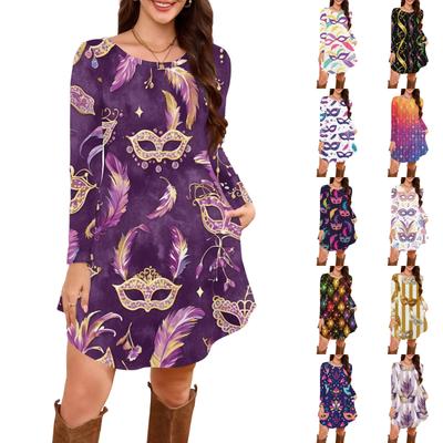 Damen Langarm T-Shirt Kleid Rundhalsausschnitt Knielang Locker Lässig Karneval Bedrucktes Kleid mit Taschen