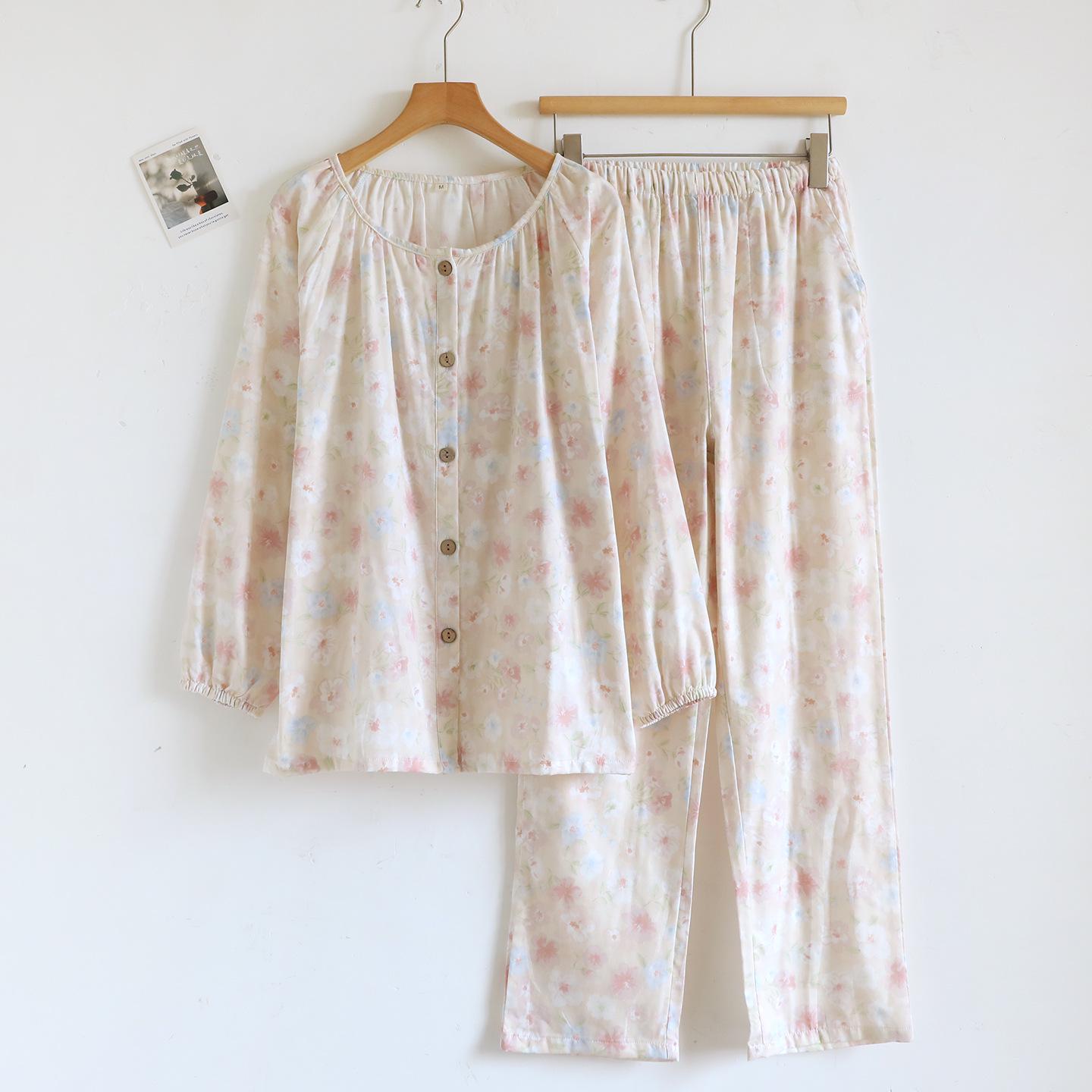 

Women s Pure Cotton Long Sleeve Pajama Set with Cardigan and Pockets, Wearable Outside - Spring & Autumn Style Large рожевий