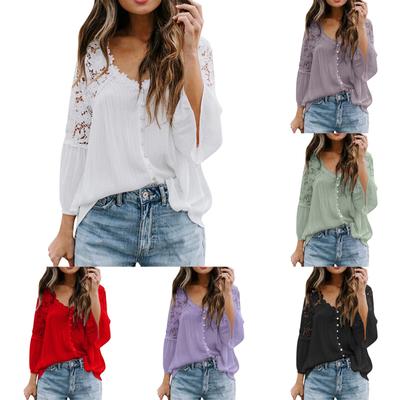 Women's Lace Shirt Women's Long Sleeve Color Deep V Pullover Chiffon Shirt