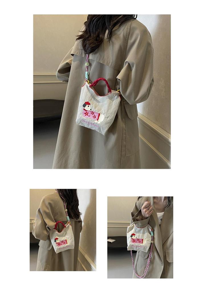 Korean Embroidered Dachshund Cartoon Women's Fashion Handbag - Versatile Color Block Shoulder and Crossbody Bag