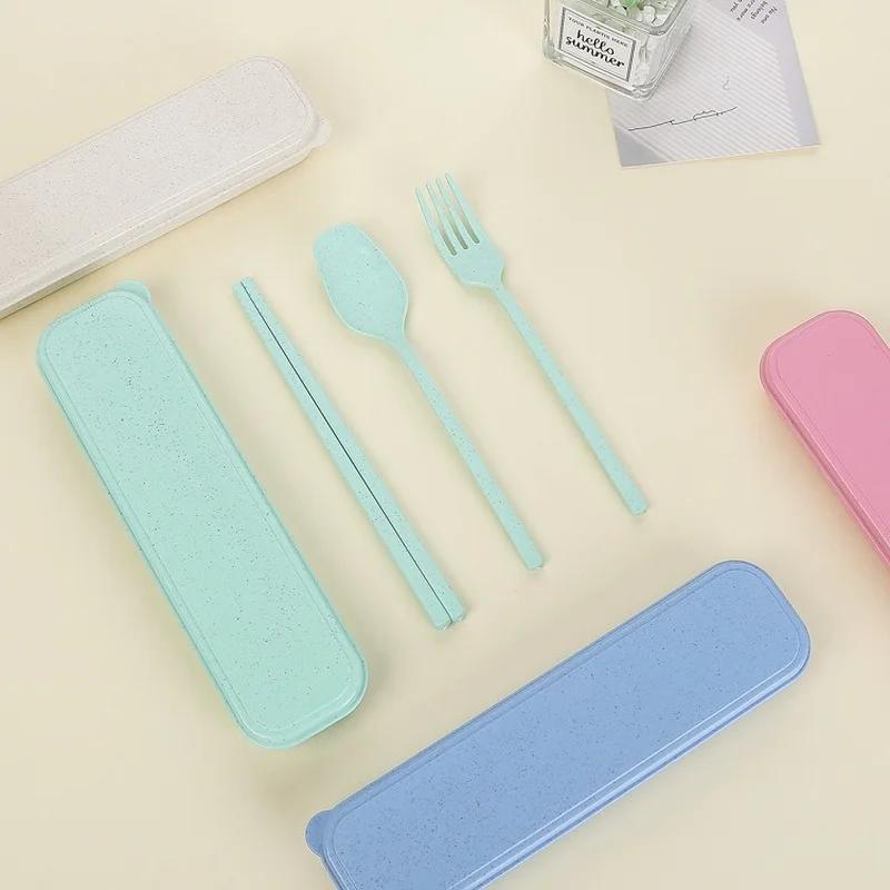 3pcs/set Travel Cutlery Portable Cutlery Box Japan Style Wheat Straw Knife Fork Spoon Student Dinnerware Sets Kitchen Tableware