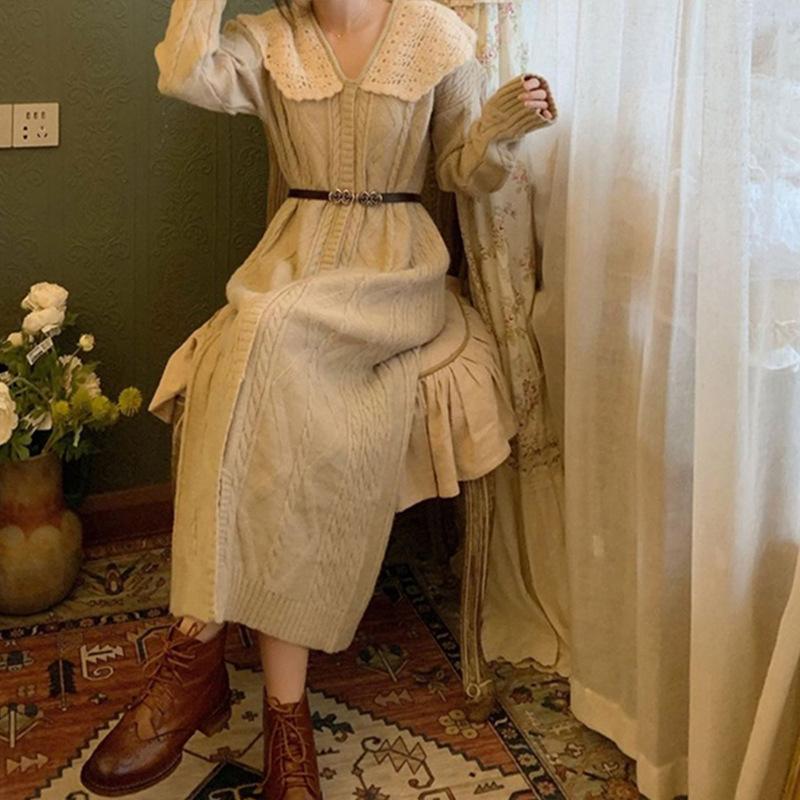 Jesienna i zimowa damska sukienka sweterkowa Delikatna, długa sukienka z dzianiny Vintage Twist Dolny sweter