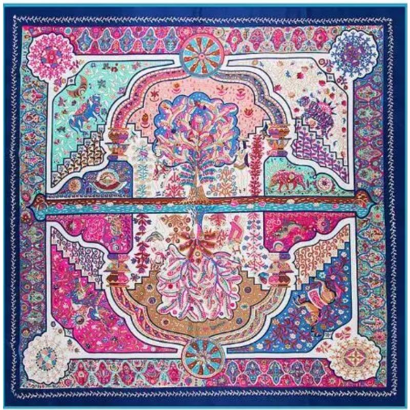 Luxury Brand Shawl 100% Twill Silk Scarf Floral Reflection Square Scarves Print Kerchief Woman Headband Shawl Wraps Hijab