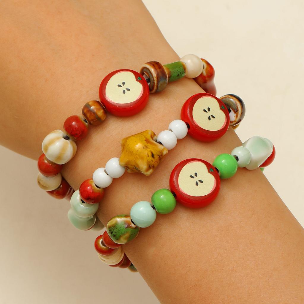 Sweet Women's Ceramic Bracelet with Beads and Apple Core Pendant Trendy Gift Unique Design Versatile Accessory