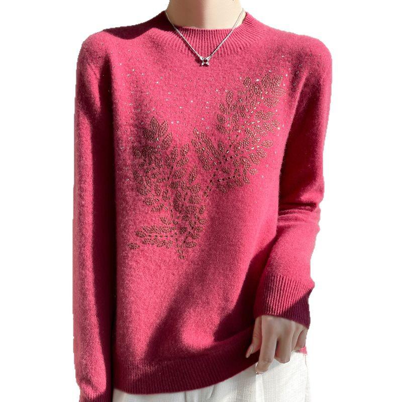Thick Sequin Leaf Knit Sweater for Women - Autumn/Winter Half-High Collar