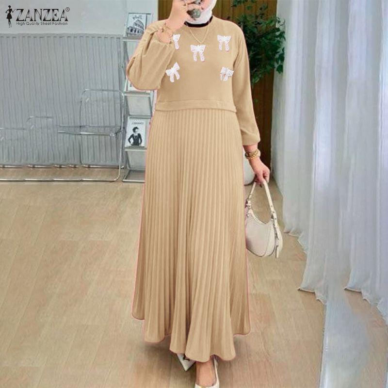ZANZEA Women Casual Round Neck Loose Long Sleeve Muslim Dress