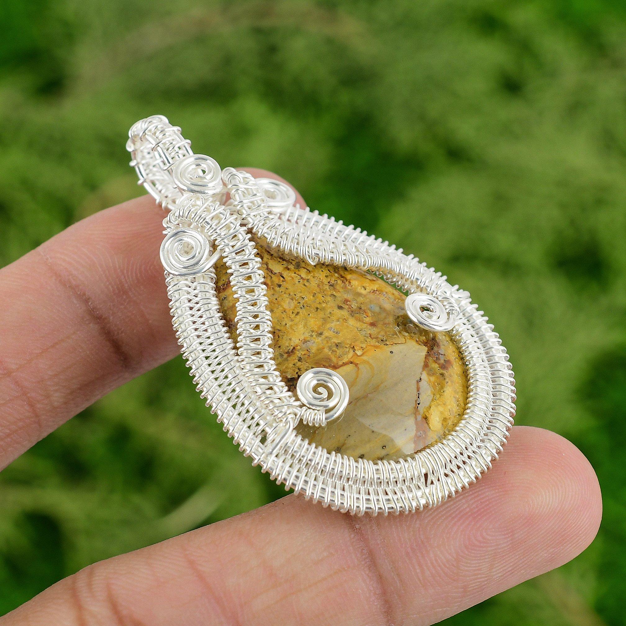

Pear Picture Jasper Stone Sterling Silver Wire Wrapped Elegant Pendant Jewelry