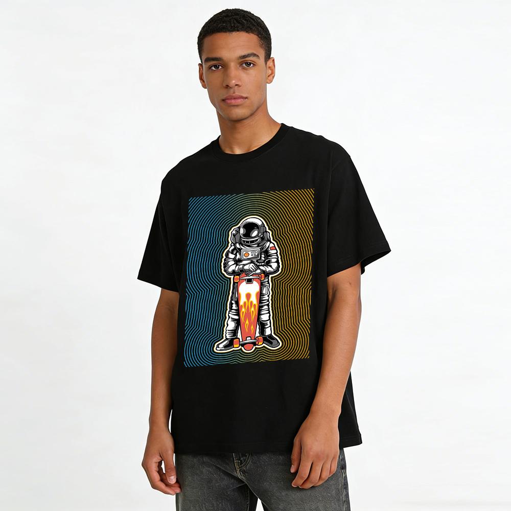 Astronaut With Flame Skateboard Graphic Casual Tee Top Pure Cotton T-shirt